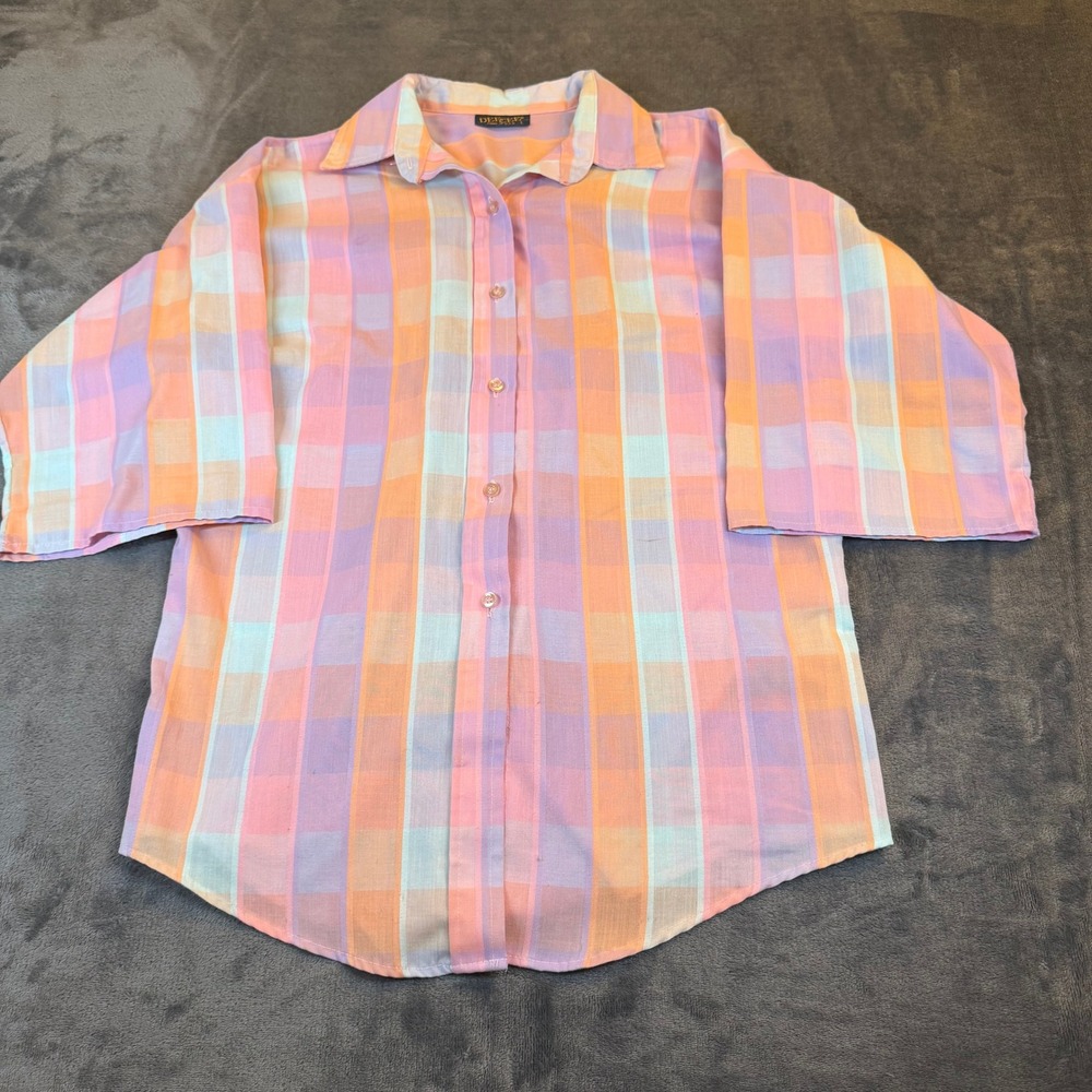 Vintage Dee Cee Multicolor Plaid Button-Up Shirt Orange Pink Purple Womens Large